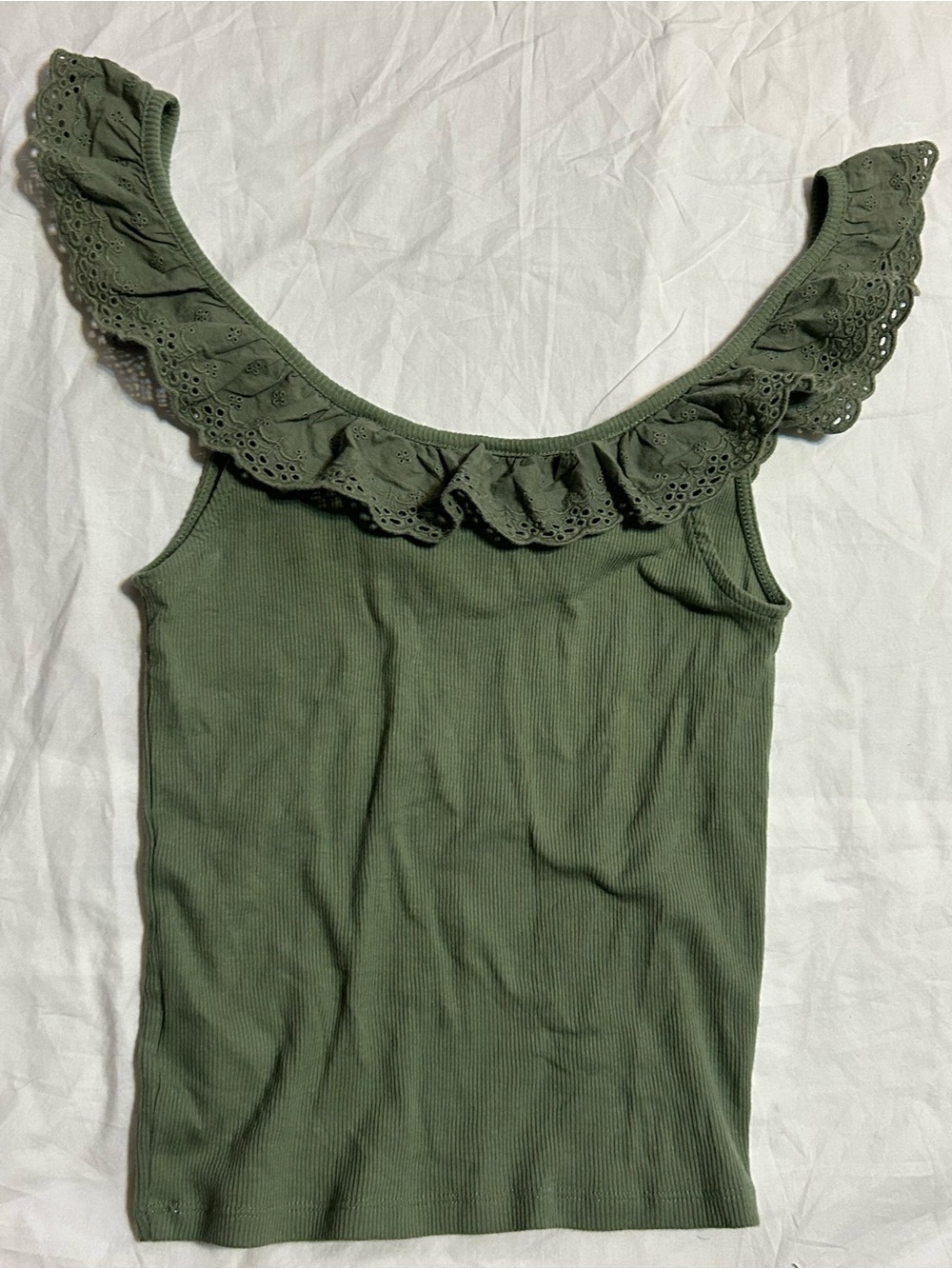 American Eagle Outfitters Olive Ruffle Ribbed Tank - Picture 2 of 3